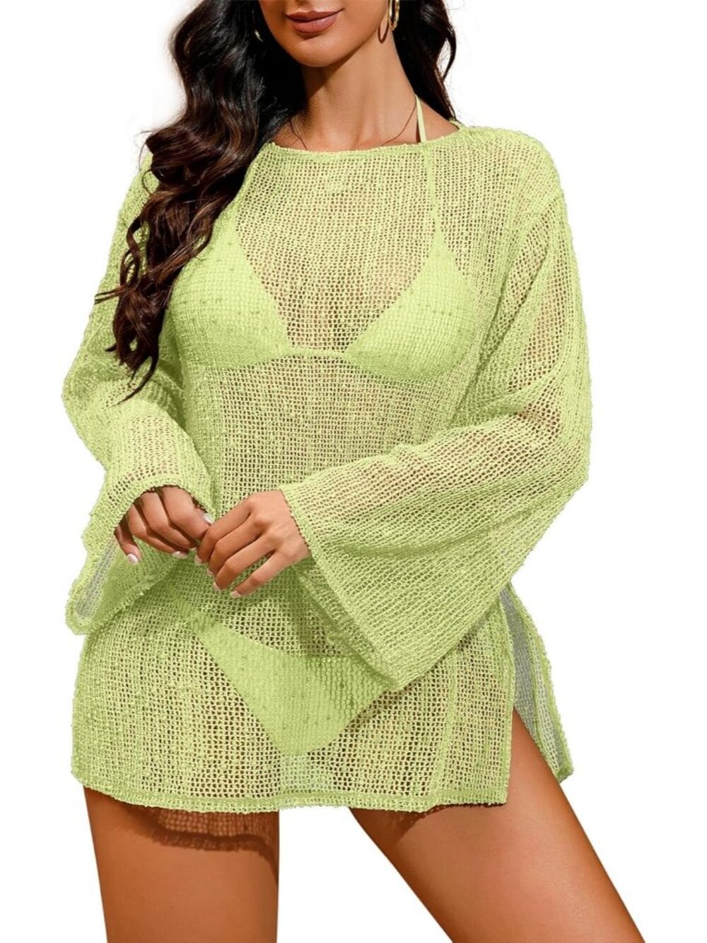 Women Light Green Polyester Crochet Mesh Cover Up Swimsuit Bathing Suit Sparkle